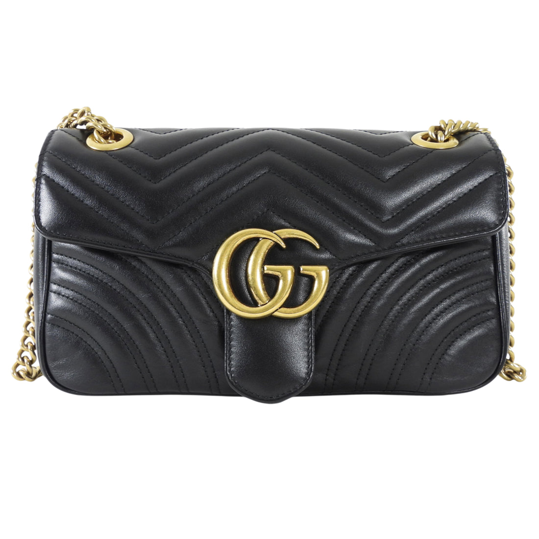 Gucci Black GHW Chevron Quilted Leather GG Marmont Chain Bag
