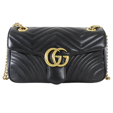 Gucci Black GHW Chevron Quilted Leather GG Marmont Chain Bag