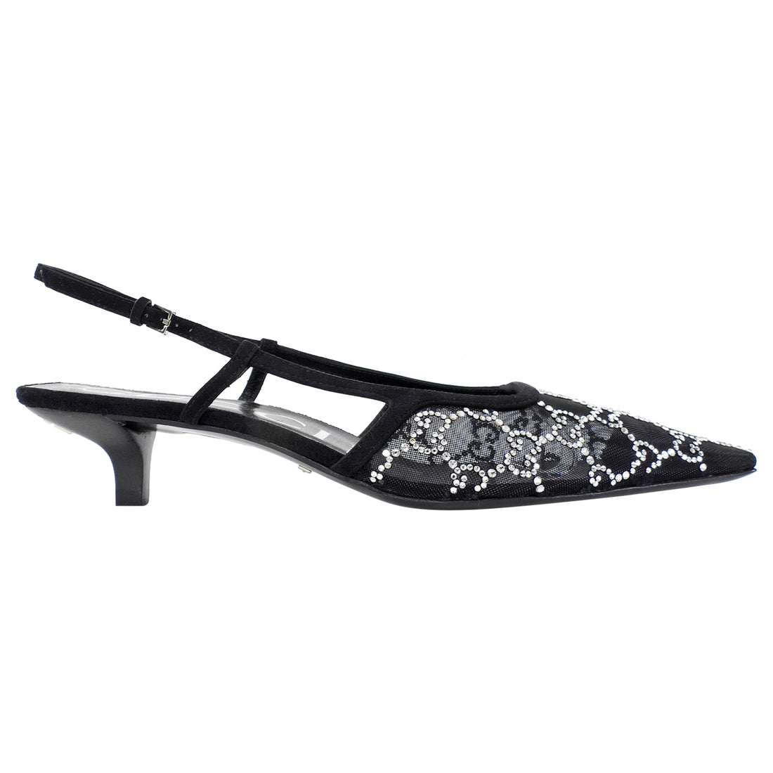 Gucci Mesh Crystal Studded Sling Back Kitten Heels Black - 39.5