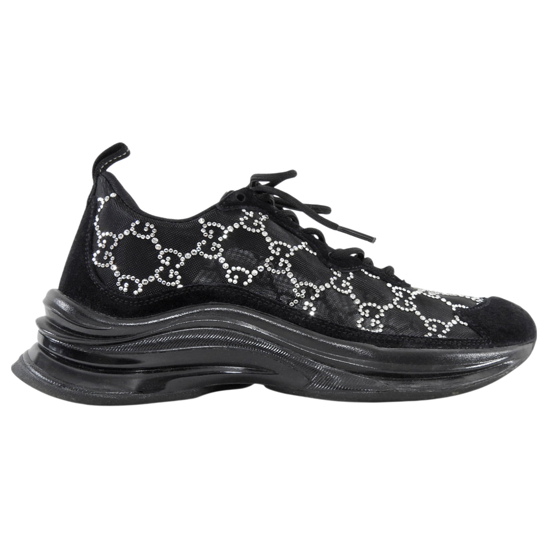Gucci Black Sheer Mesh and Suede Combo Crystal Monogram Run Sneakers - 37