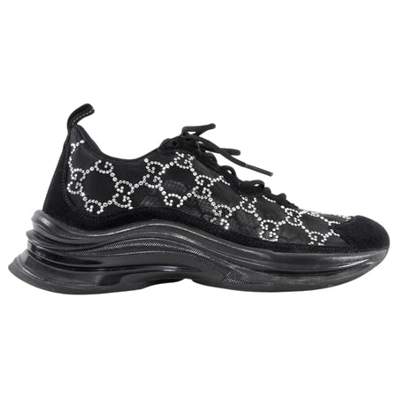 Gucci Black Sheer Mesh and Suede Combo Crystal Monogram Run Sneakers - 37