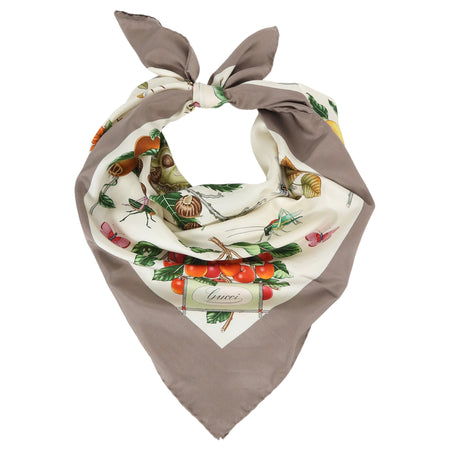 Gucci Taupe White Flora Fauna V Accornero Vintage Silk Scarf 90cm