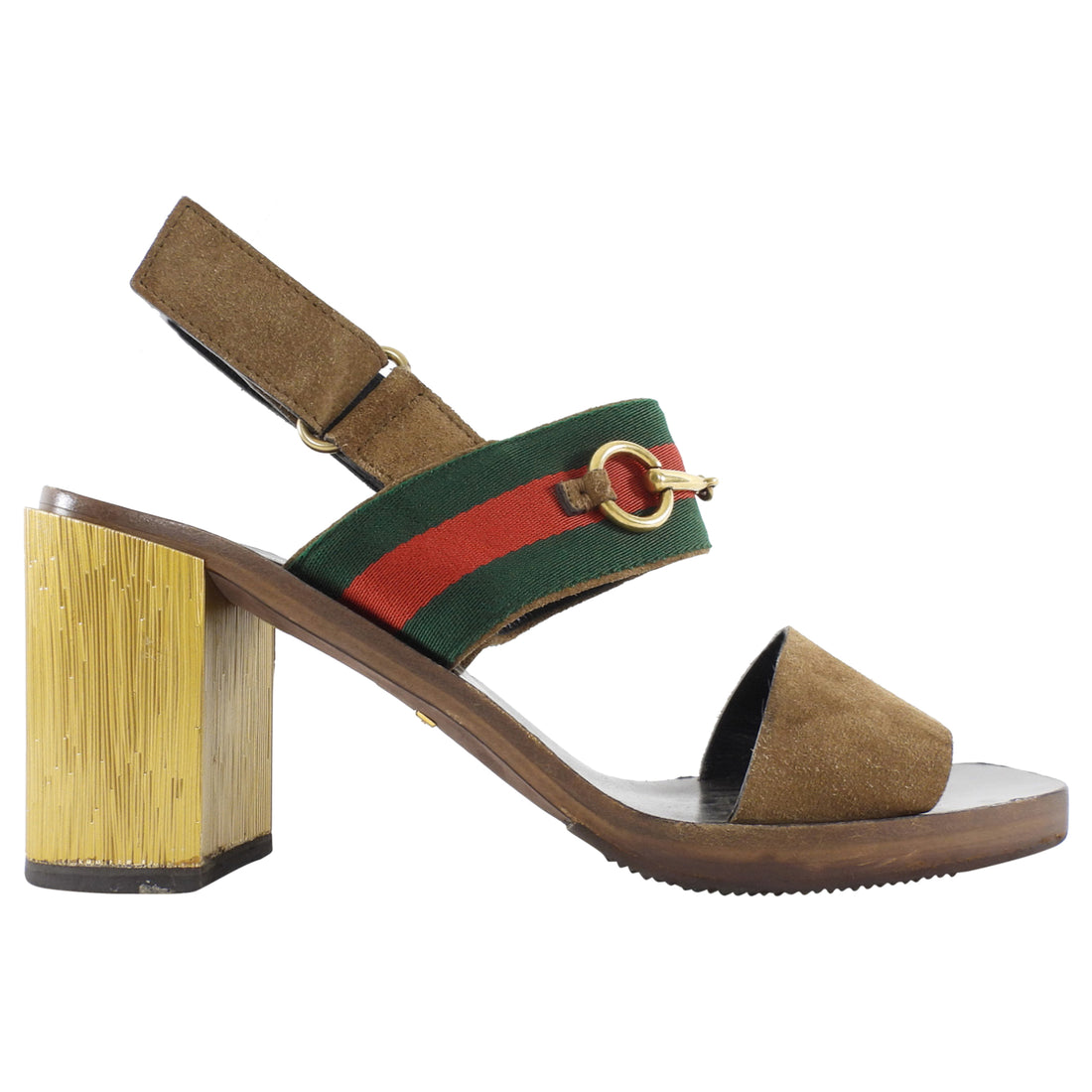 Gucci Brown Suede Web Horsebit Slingback Metallic Block Heel Qurelle Sandals - 37