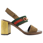 Gucci Brown Suede Web Horsebit Slingback Metallic Block Heel Qurelle Sandals - 37