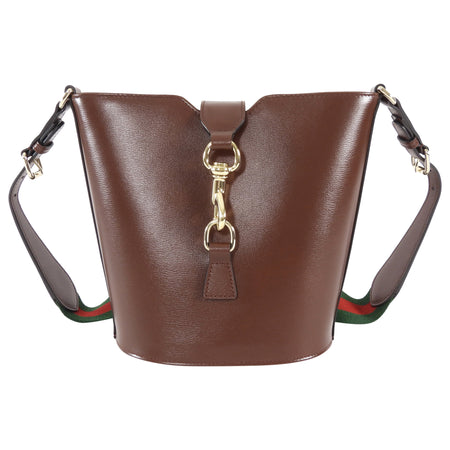 Gucci Chestnut Brown Calfskin Tritone Stripe Web Small Bucket Bag