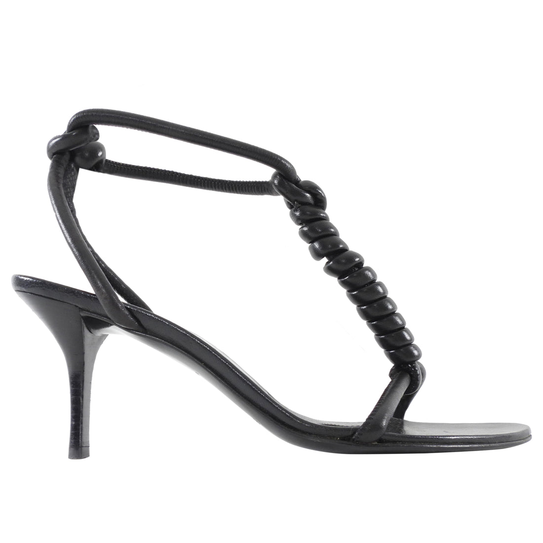 Helmut Lang Black Knotted Leather T Strap Heeled Sandals 38