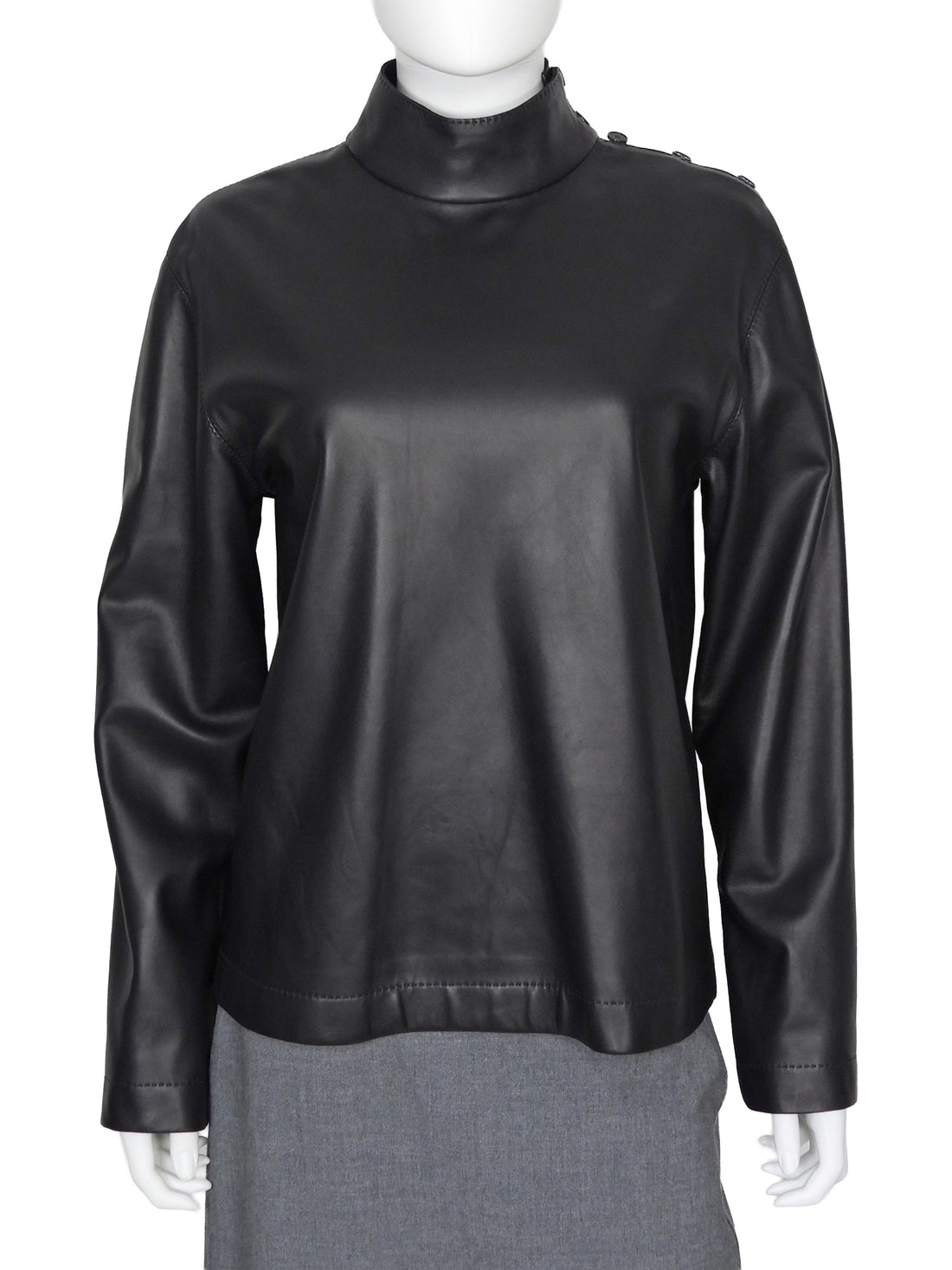Hermes Black Leather Long Sleeve Shirt with Side Neck Buttons - FR 40 / 8 M