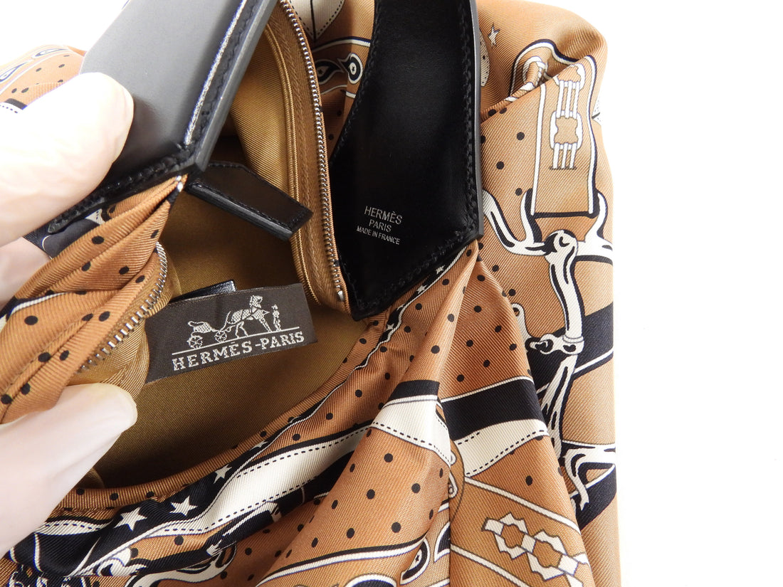 Hermes Brown Black La Promenade du Matin Silk and Leather Balusoie Bag