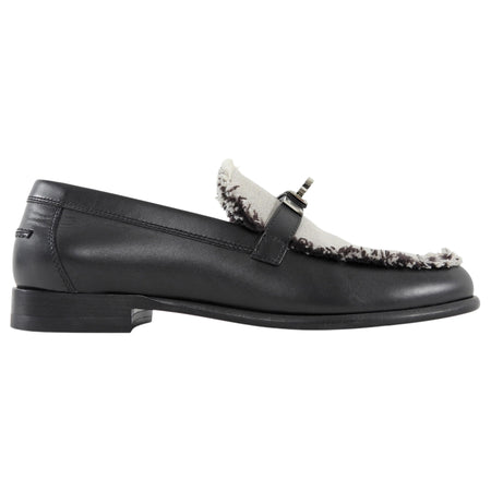 Hermes Destin Black Leather and Grey Toile Kelly Lock Loafers - 37