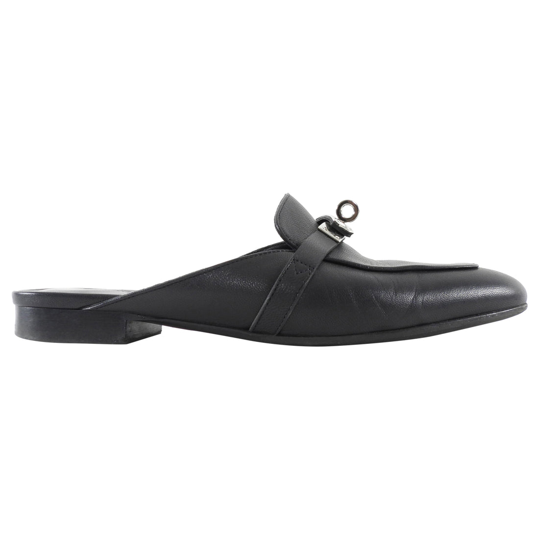 Hermes Black Leather Flat Oz Kelly Lock Mule Shoes PHW - 37.5