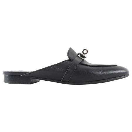 Hermes Black Leather Flat Oz Kelly Lock Mule Shoes PHW - 37.5