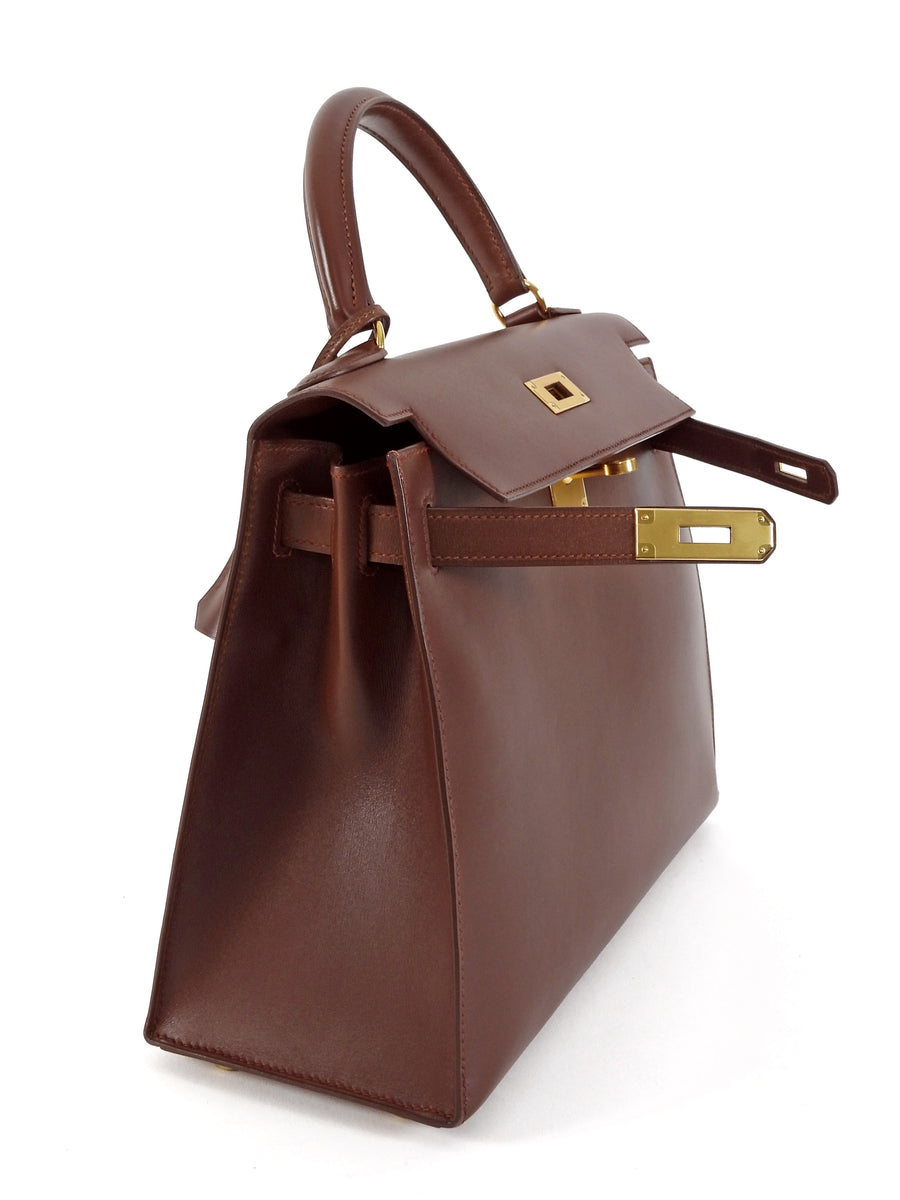 Hermes Chestnut Brown Vintage 1998 Kelly 28 Sellier Box Leather Bag GHW