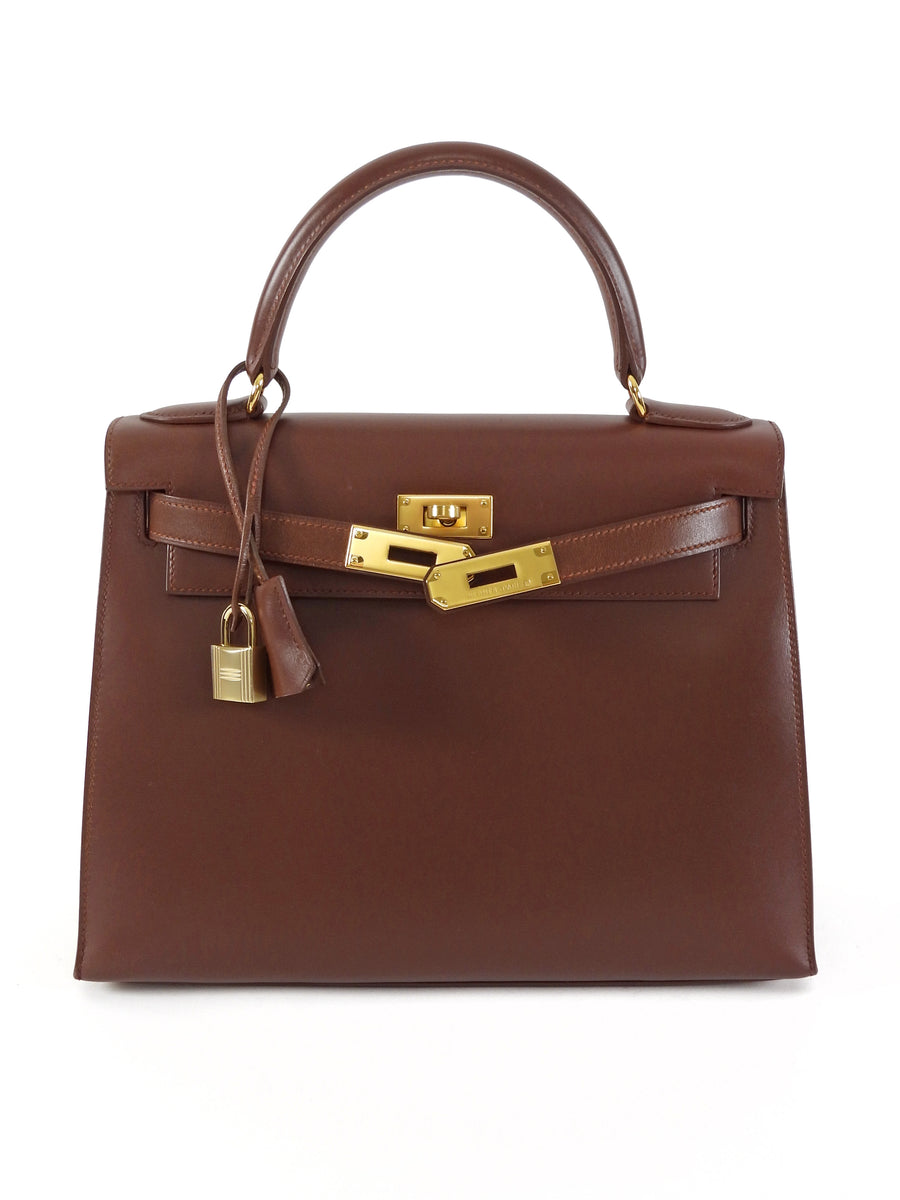 Hermes Chestnut Brown Vintage 1998 Kelly 28 Sellier Box Leather Bag GHW