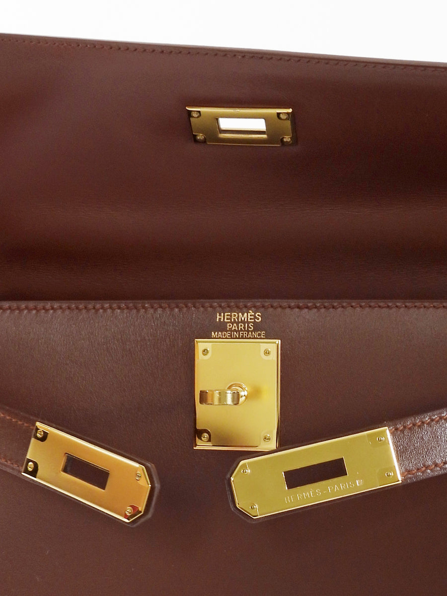 Hermes Chestnut Brown Vintage 1998 Kelly 28 Sellier Box Leather Bag GHW