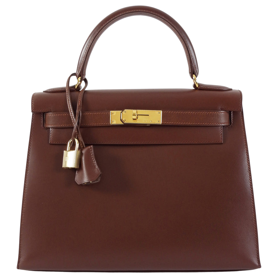 Hermes Chestnut Brown Vintage 1998 Kelly 28 Sellier Box Leather Bag GHW