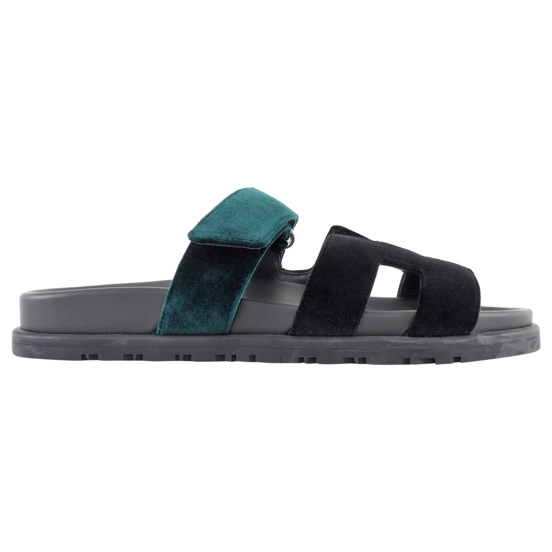 Hermes Chypre Black and Green Velvet Two Tone Flat Sandal - 37.5 / US 7