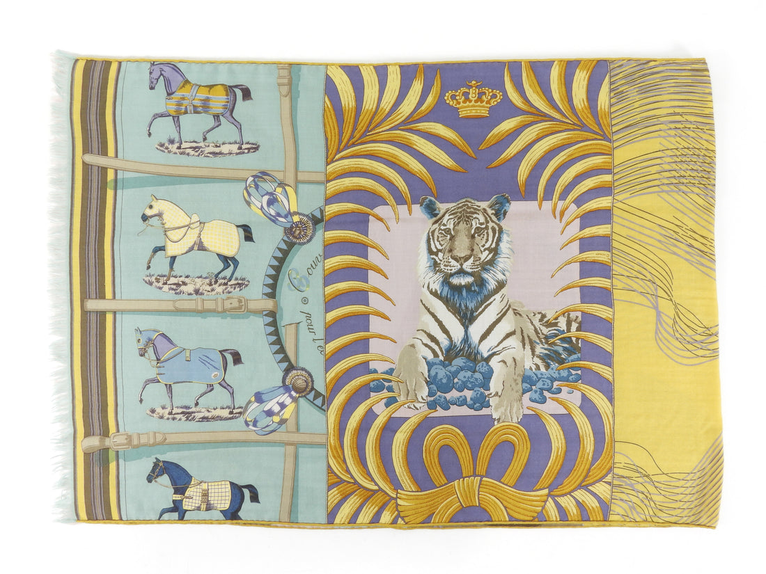 Hermes lilac gold blue purple Vintage Carre en Carre Cashmere Silk Long Shawl Scarf