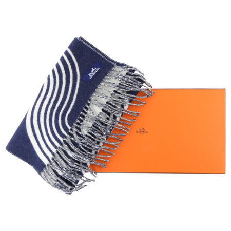 Hermes Casaque Vague Navy & Ivory Cashmere Fringe Scarf