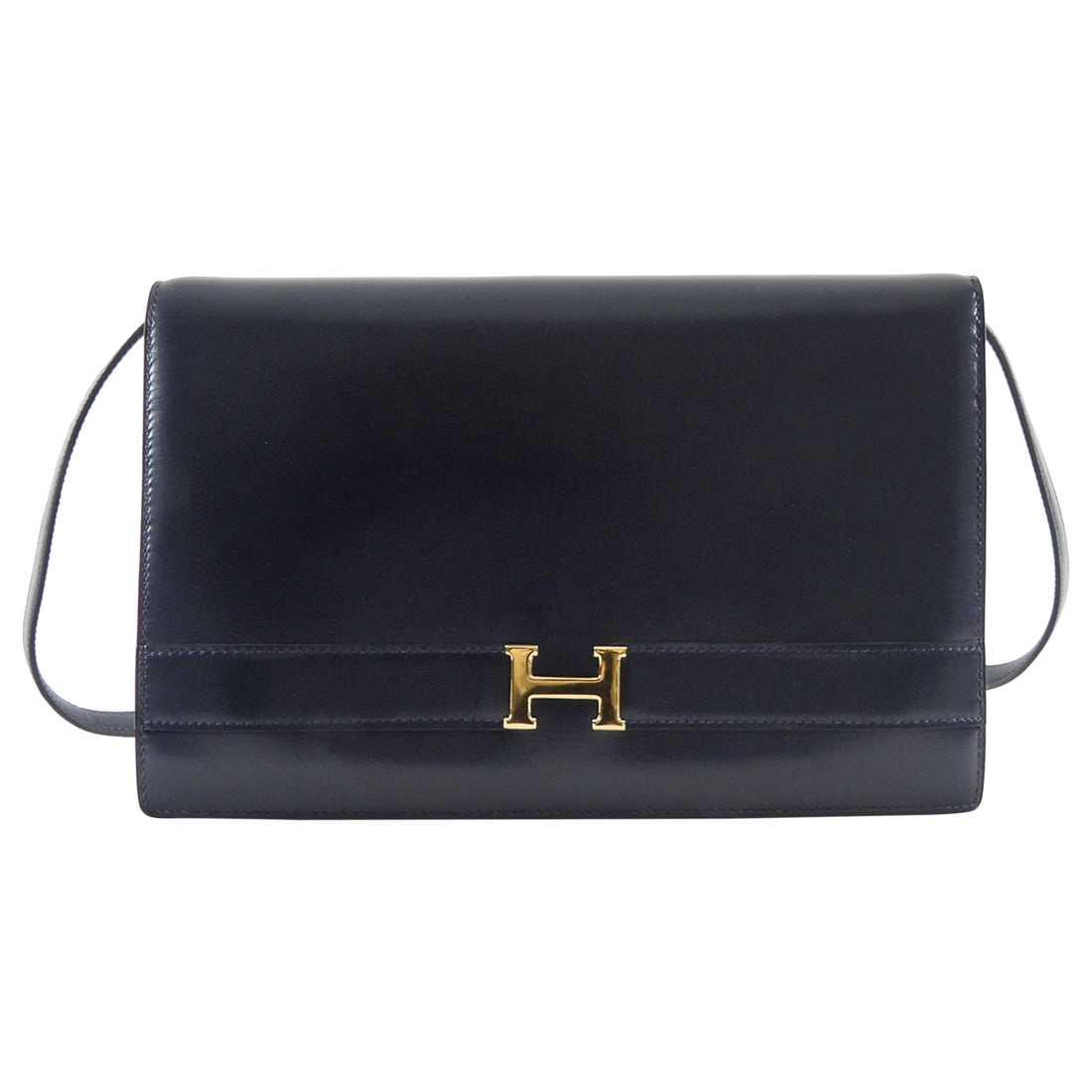 Hermes Vintage 1984 Midnight Navy Box Leather H Annie Clutch Bag with Strap 24cm