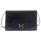 Hermes Vintage 1984 Midnight Navy Box Leather H Annie Clutch Bag with Strap 24cm