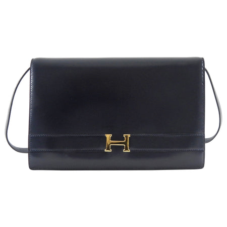Hermes Vintage 1984 Midnight Navy Box Leather H Annie Clutch Bag with Strap 24cm