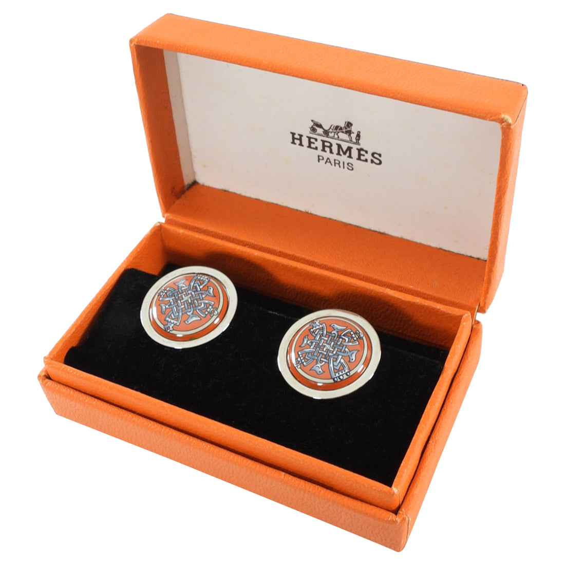 Hermes Silver Tone Orange Enamel Round Clip On Earrings