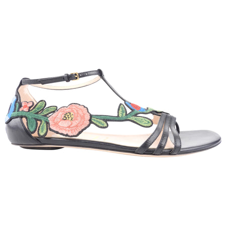 Gucci Black Leather and Floral Embroidered Ophelia Flat Sandals - 39.5