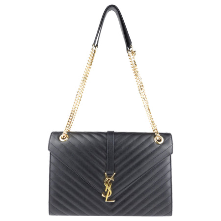 Saint Laurent Black Chevron Leather Large Envelope Flap Bag