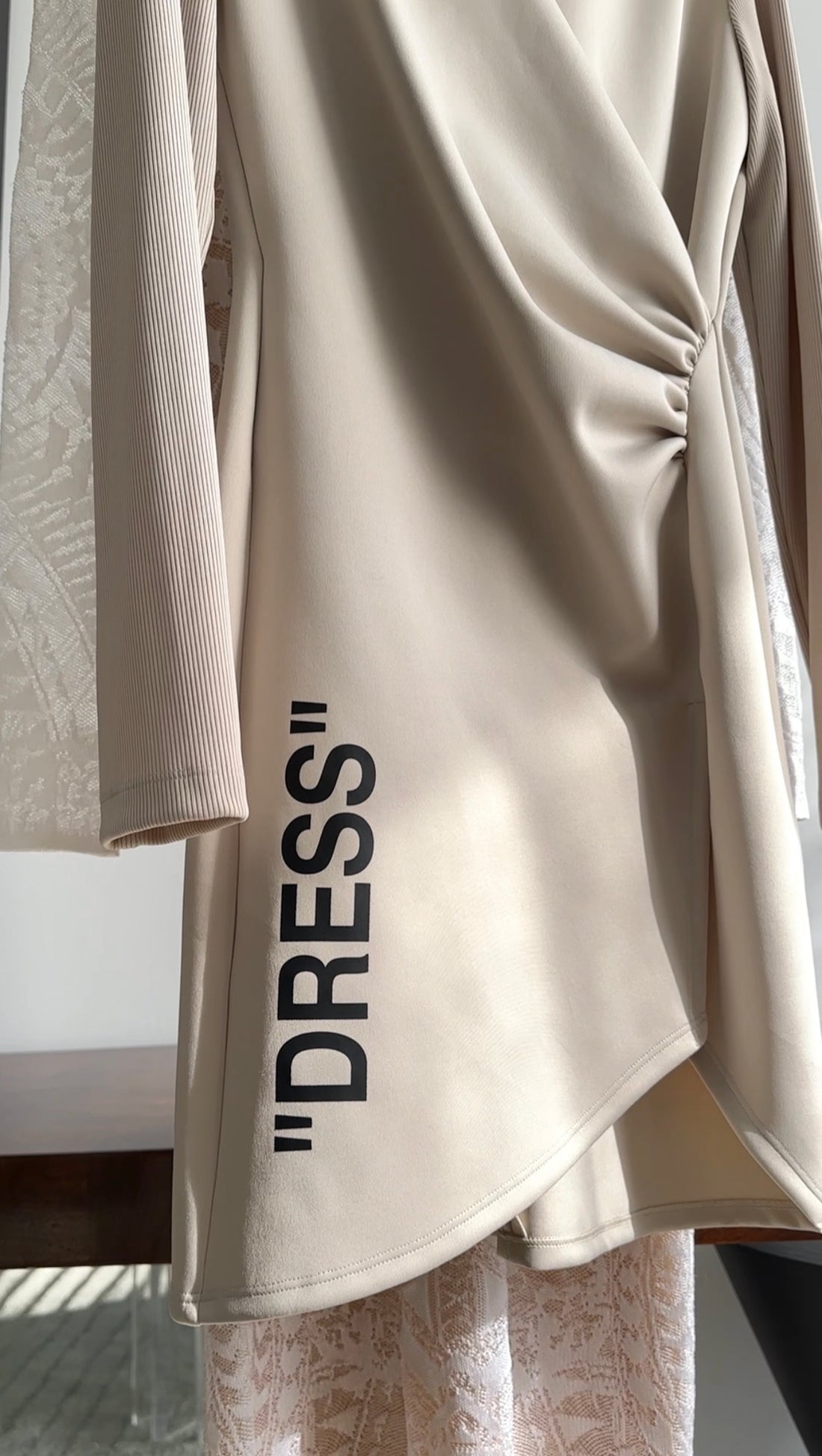 Off White Light Beige Jersey Wrap Dress with "Dress" Script - M (6/8) I MISS YOU VINTAGE Off White Light Beige Jersey Wrap Dress with "Dress" Script - M (6/8) I MISS YOU VINTAGE