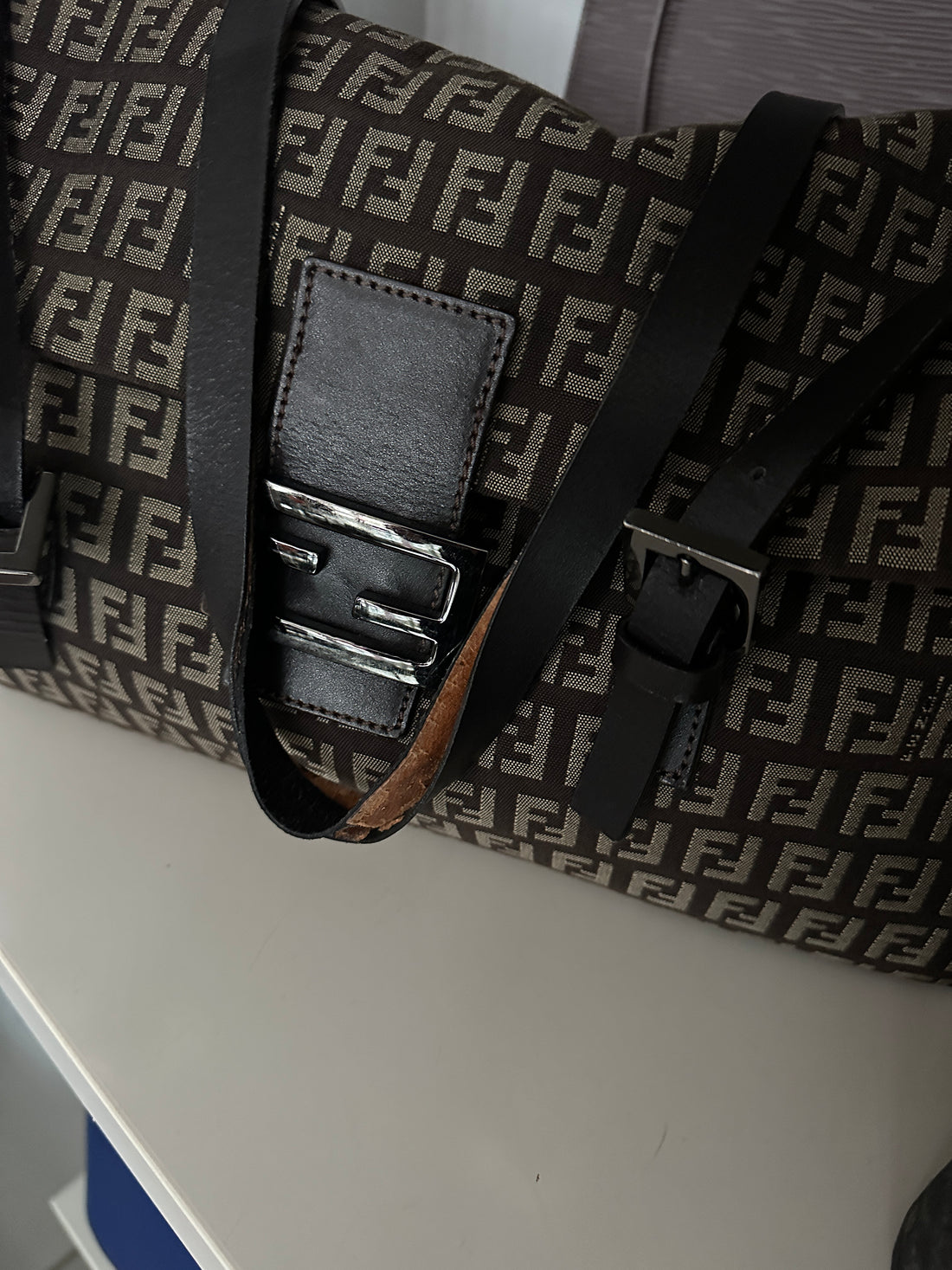 Fendi Brown Zucca Fabric East West Mama Baguette Bag