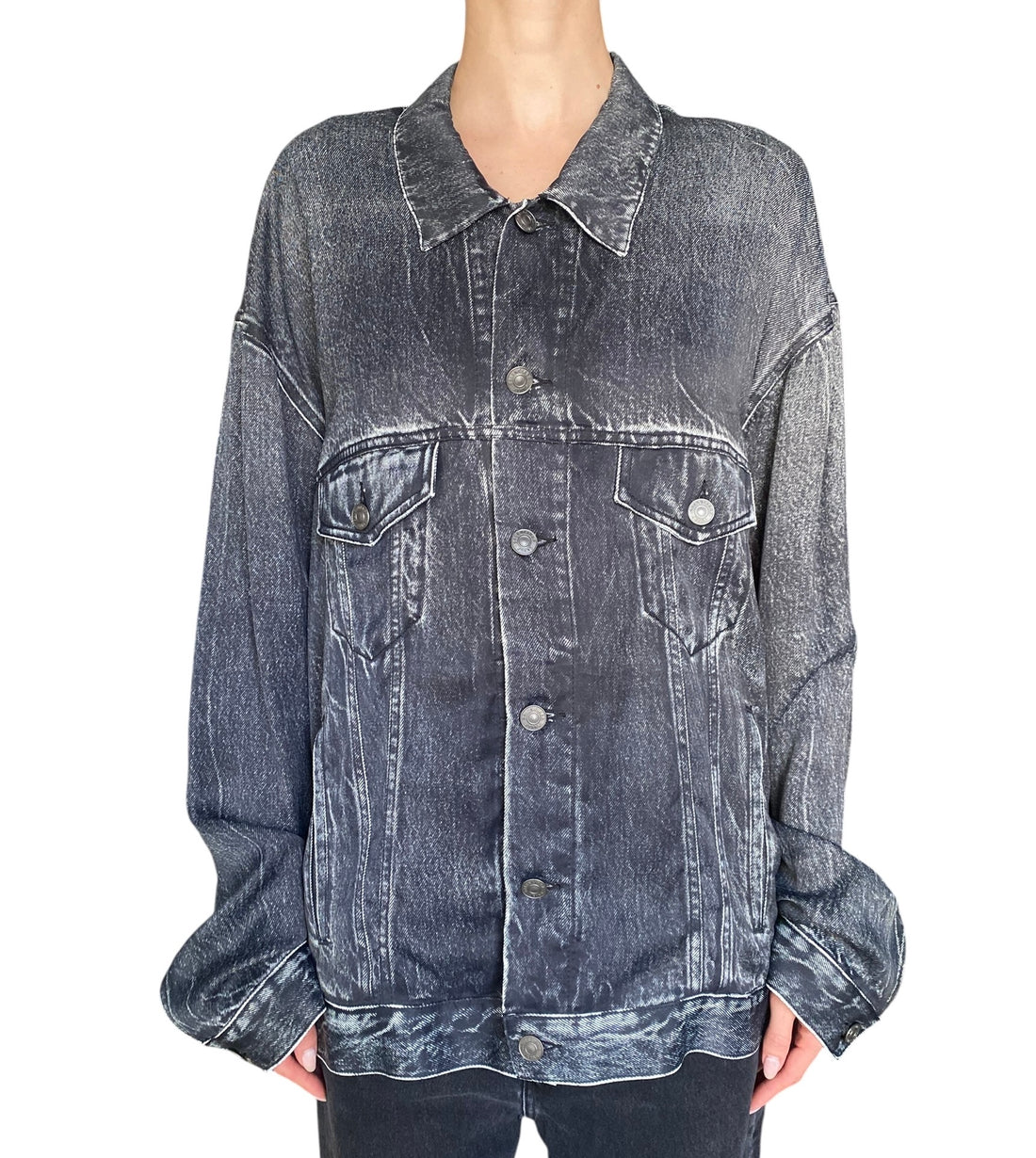 Balenciaga Black Viscose Trompe L’Oeil Oversized Denim Jacket - L / US 8-10