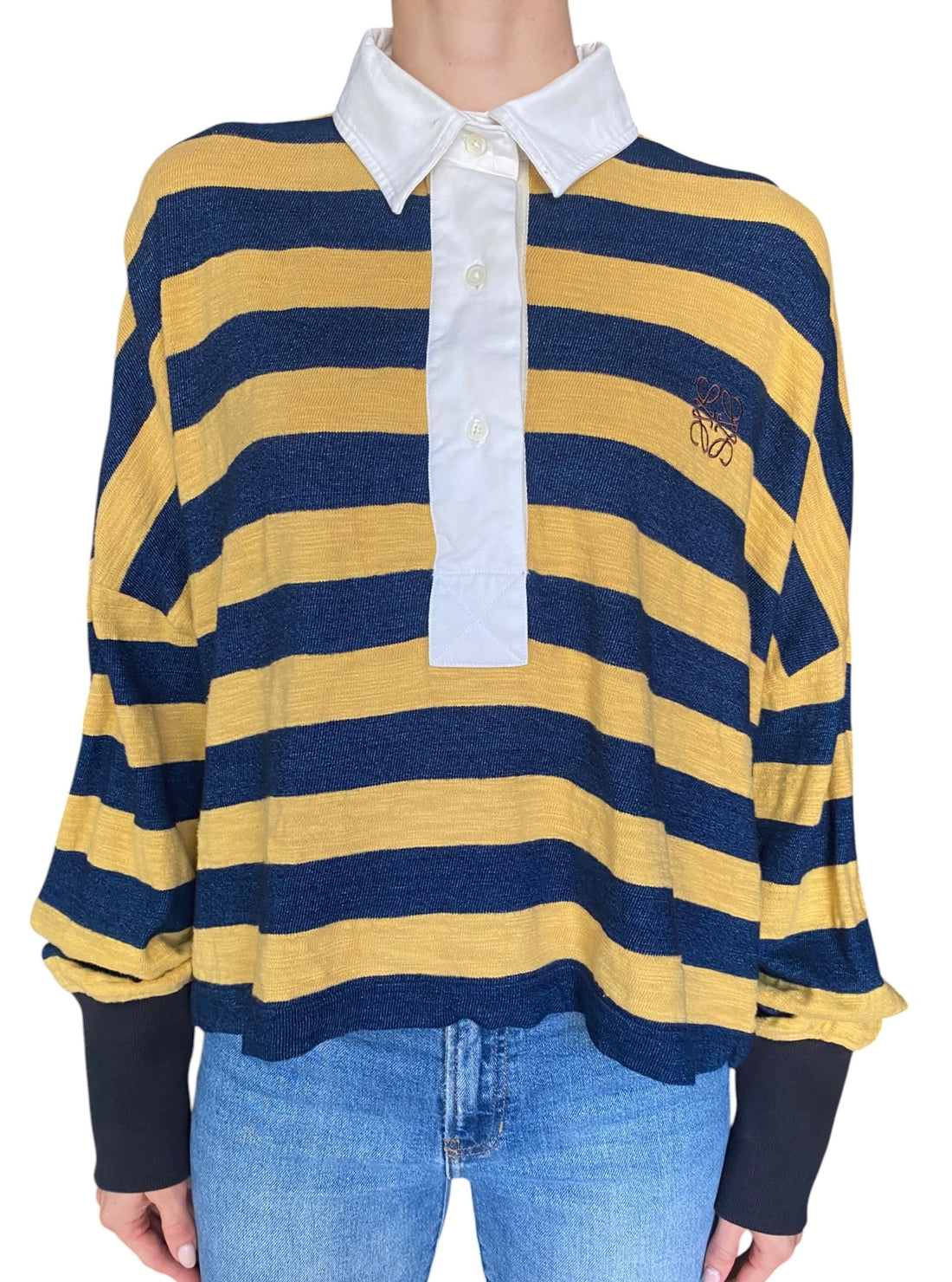 Loewe Navy & Yellow Striped Anagram Embroidered Rugby Polo - S
