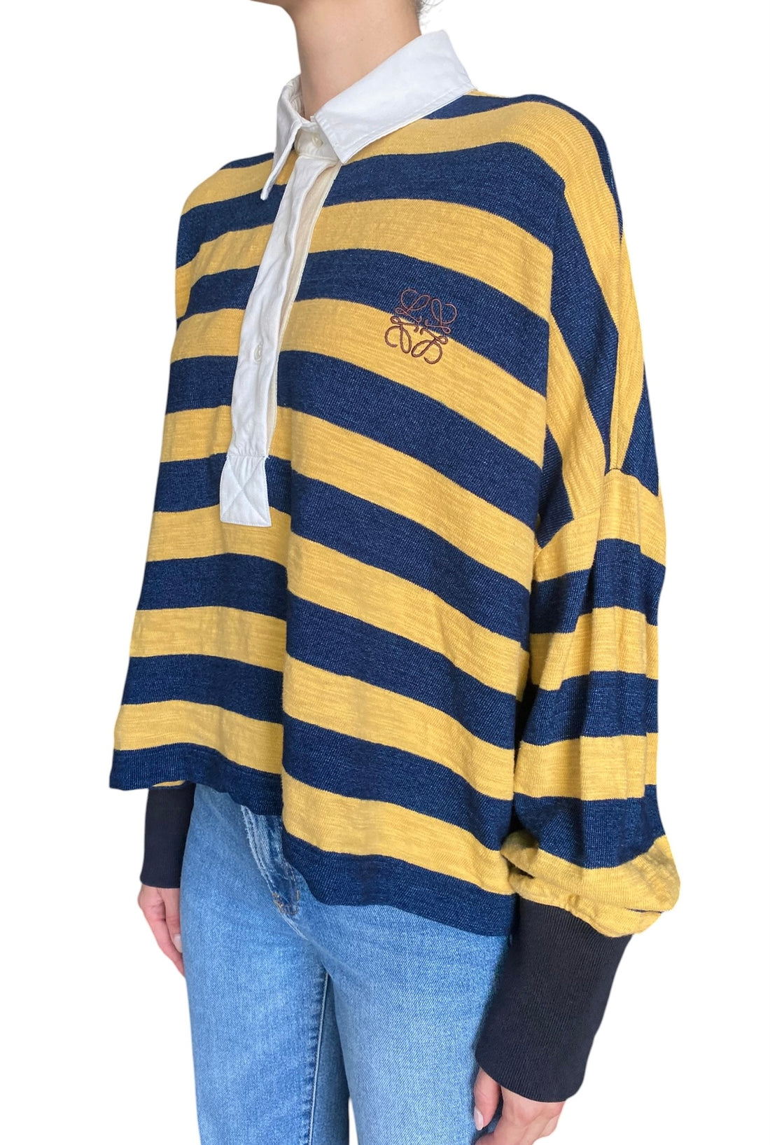 Loewe Navy & Yellow Striped Anagram Embroidered Rugby Polo - S