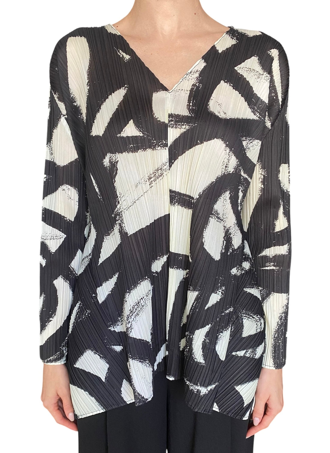 Issey Miyake Pleats Please Ivory Brushstroke Print Flare Long Sleeve Top - JP 3 / L / US 8-10