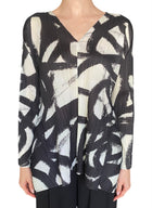 Issey Miyake Pleats Please Ivory Brushstroke Print Flare Long Sleeve Top - JP 3 / L / US 8-10