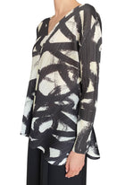Issey Miyake Pleats Please Ivory Brushstroke Print Flare Long Sleeve Top - JP 3 / L / US 8-10