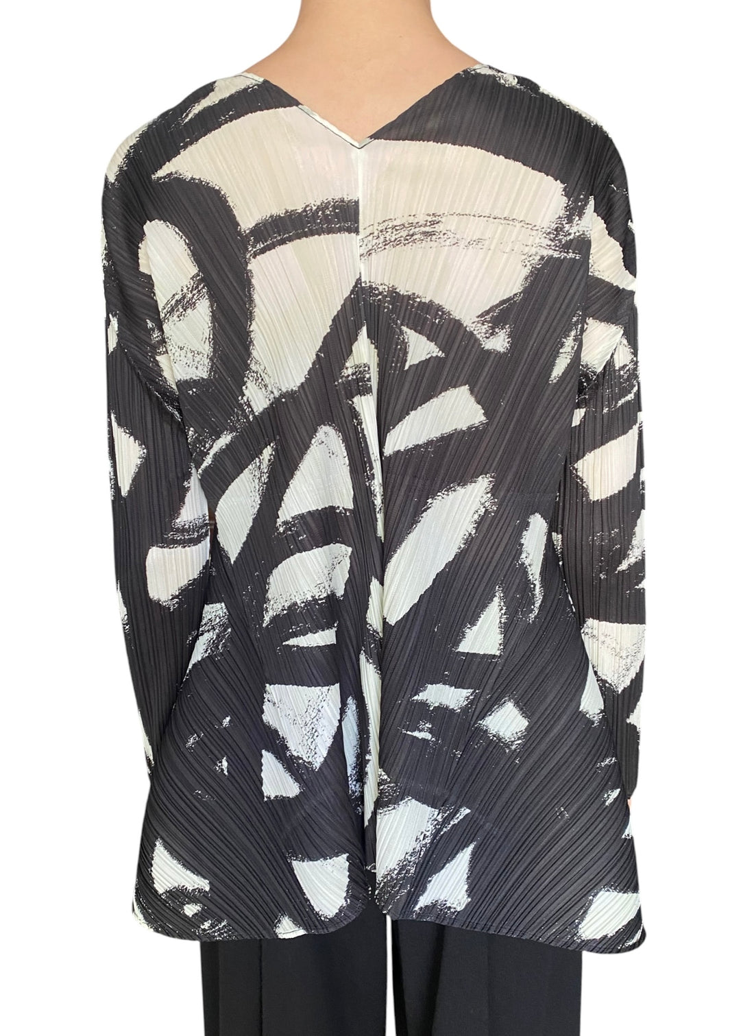 Issey Miyake Pleats Please Ivory Brushstroke Print Flare Long Sleeve Top - JP 3 / L / US 8-10