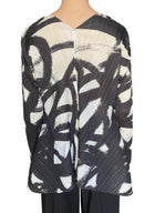 Issey Miyake Pleats Please Ivory Brushstroke Print Flare Long Sleeve Top - JP 3 / L / US 8-10