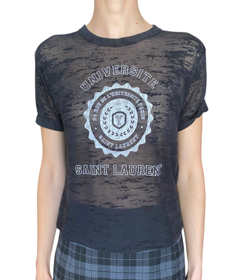 Saint Laurent Black Sheer Distressed "University" Logo Tee - XS / US 2-4