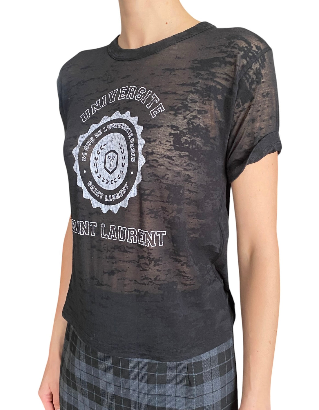 Saint Laurent Black Sheer Distressed "University" Logo Tee - XS / US 2-4