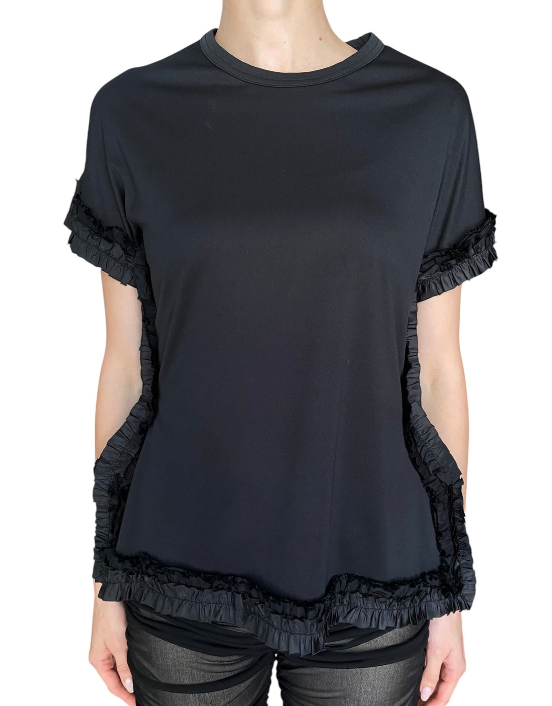 Comme Des Garçons Black Satin Ruffle Trim Tee - M