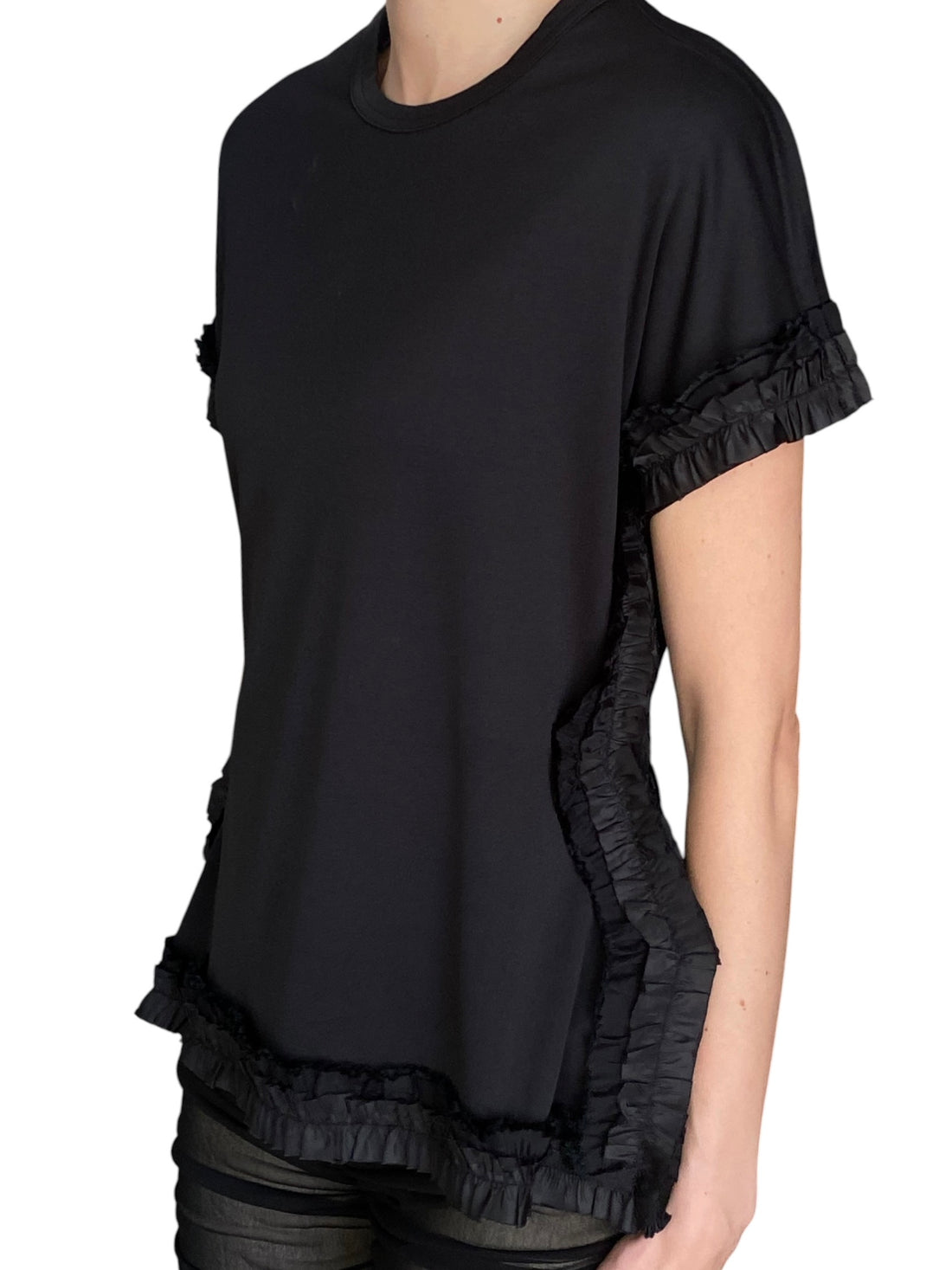 Comme Des Garçons Black Satin Ruffle Trim Tee - M