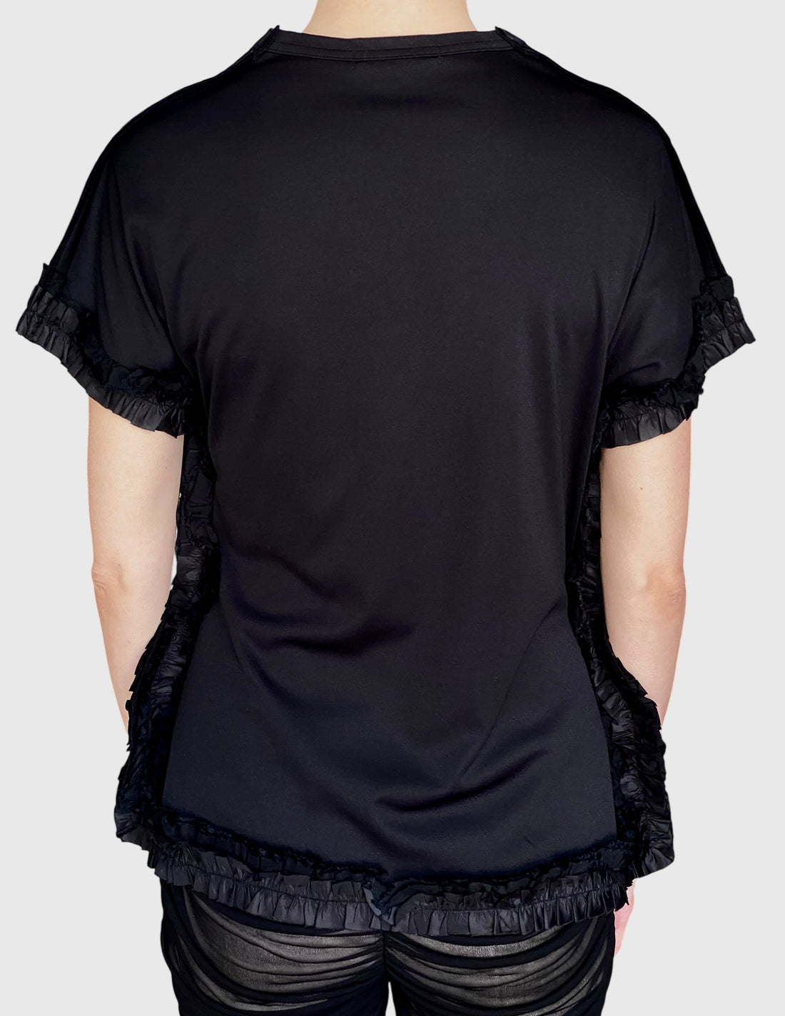 Comme Des Garçons Black Satin Ruffle Trim Tee - M
