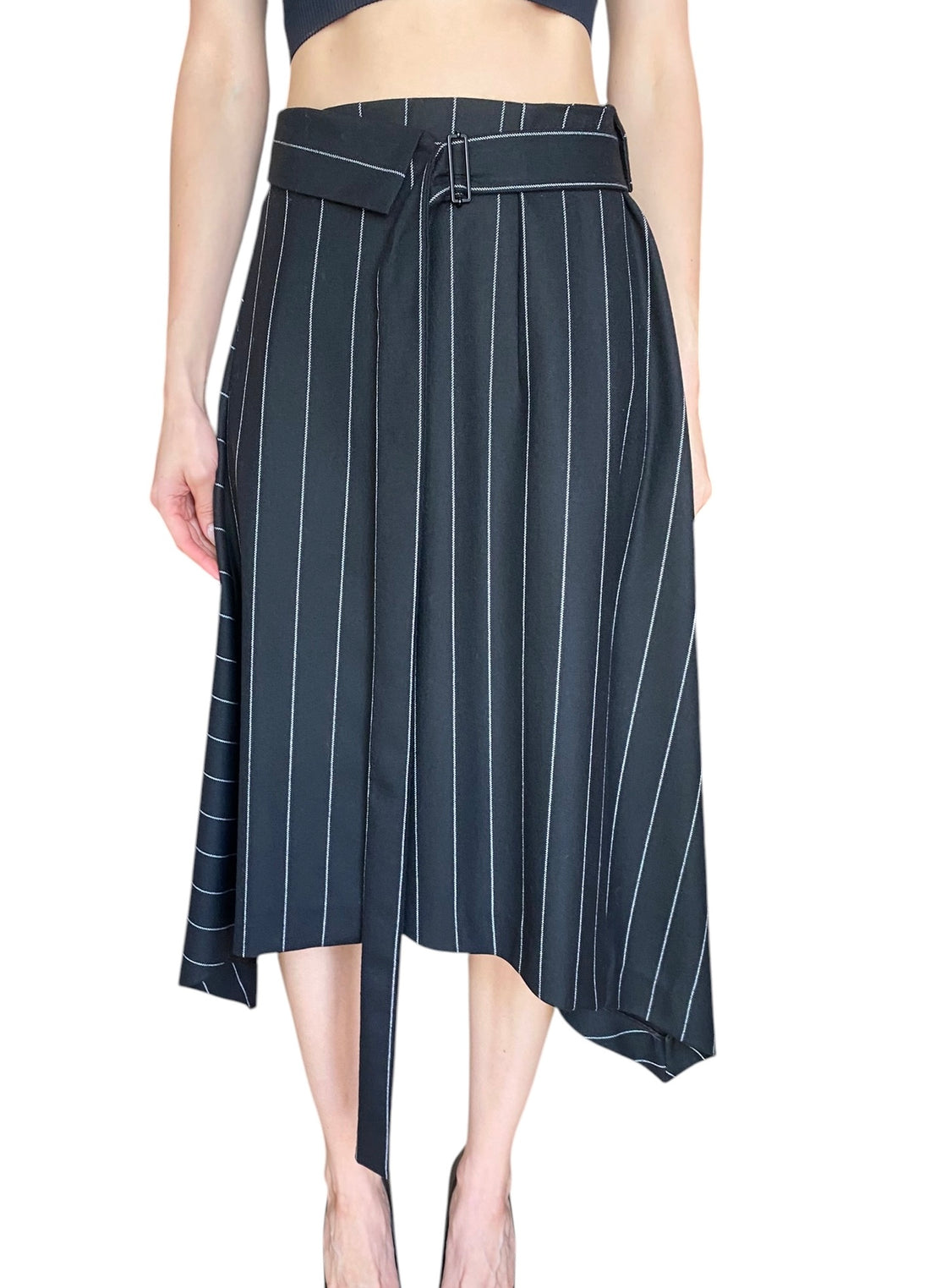 Juun. J Navy Wool Pinstripe Belted Pleated Skirt - IT 38 / US 4