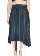 Juun. J Navy Wool Pinstripe Belted Pleated Skirt - IT 38 / US 4