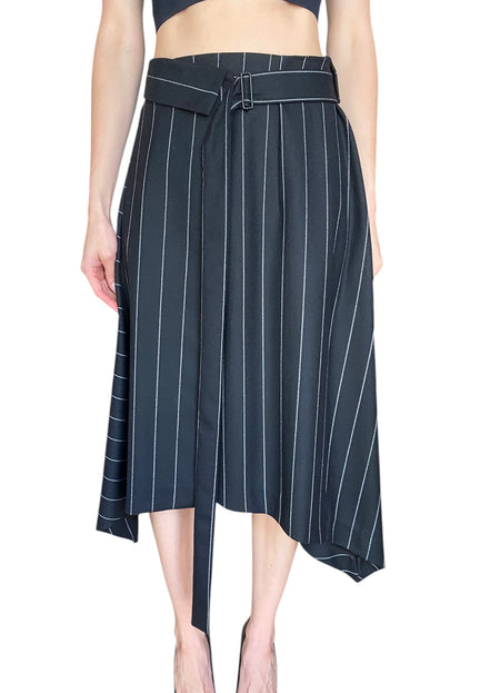 Juun. J Navy Wool Pinstripe Belted Pleated Skirt - IT 38 / US 4