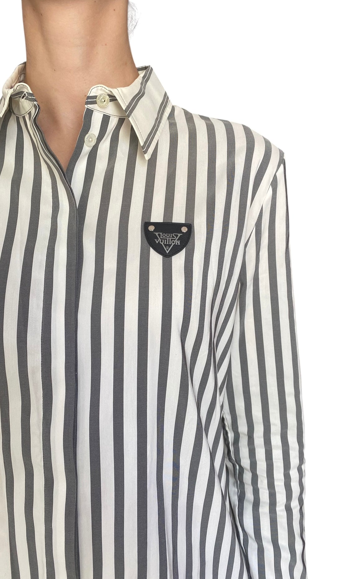 Louis Vuitton Grey & White Striped Crest Logo Long Sleeve Shirt - 38 / US 2-4