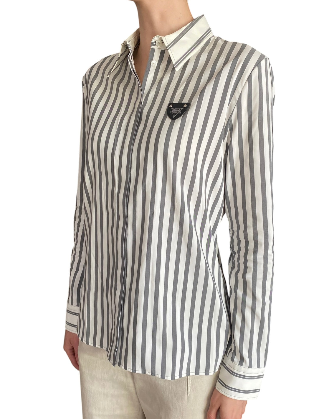 Louis Vuitton Grey & White Striped Crest Logo Long Sleeve Shirt - 38 / US 2-4