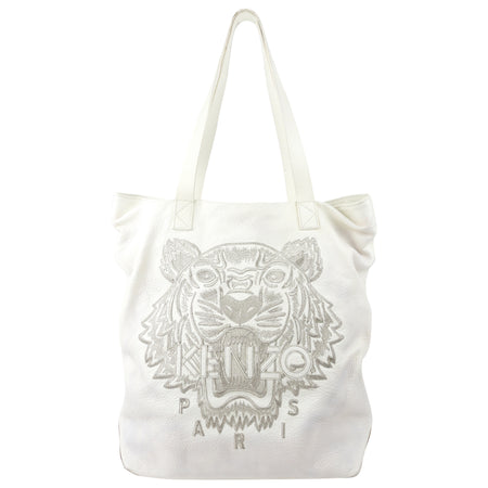 Kenzo Paris White Leather Tiger Logo Embroidered Tote