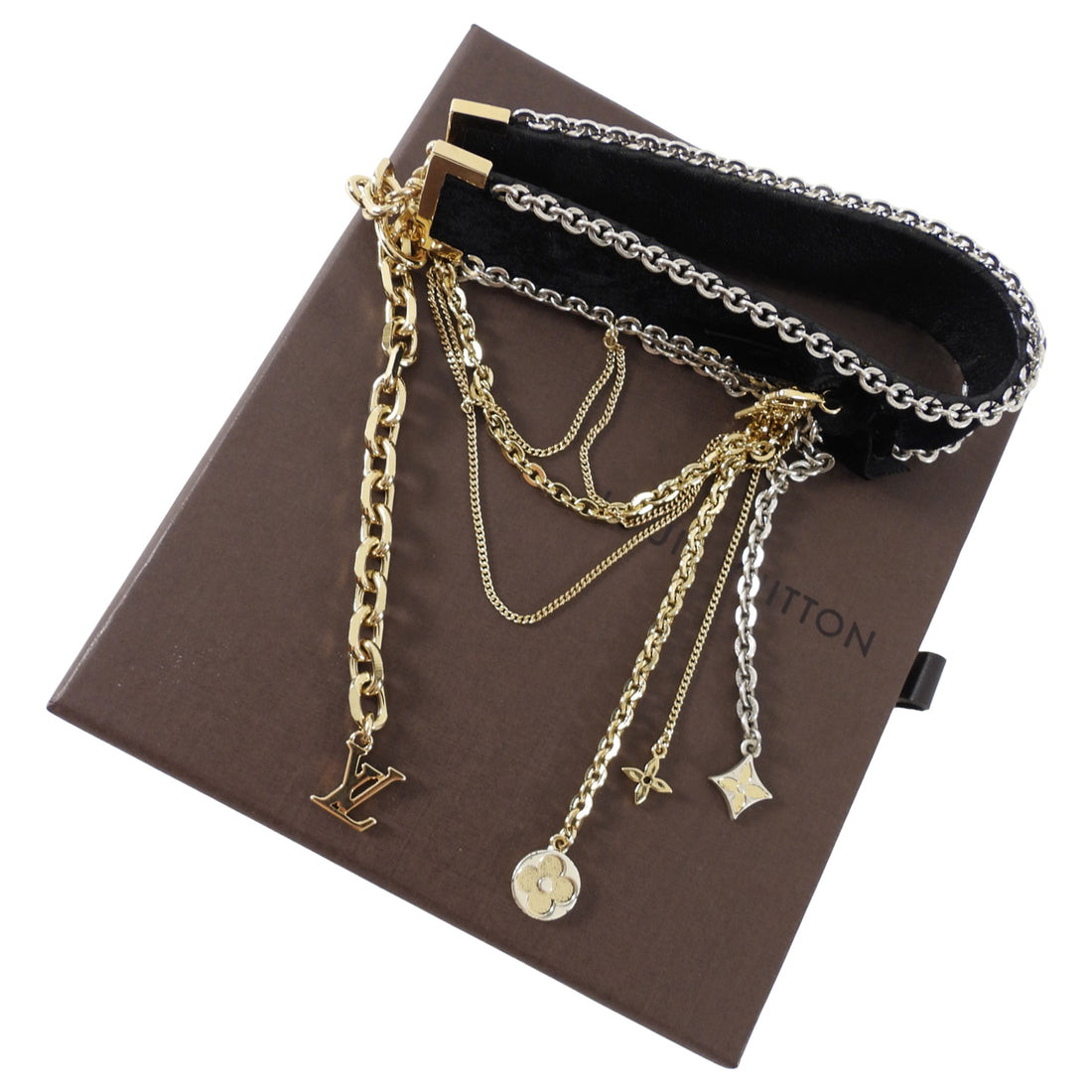 Louis Vuitton Black Velvet and Gold Chain Charms Choker Necklace